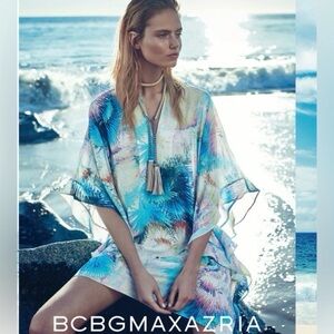 BCBG Maxazria Dove Swim Beach Cover Up Poncho Sheer Pink Aqua Fan Palm XS/S NWOT